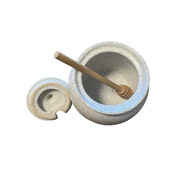 Smith and Hawken Stoneware Honey Pot with Dipper & Lid Speckled Cream Brown - Picture 3 of 8